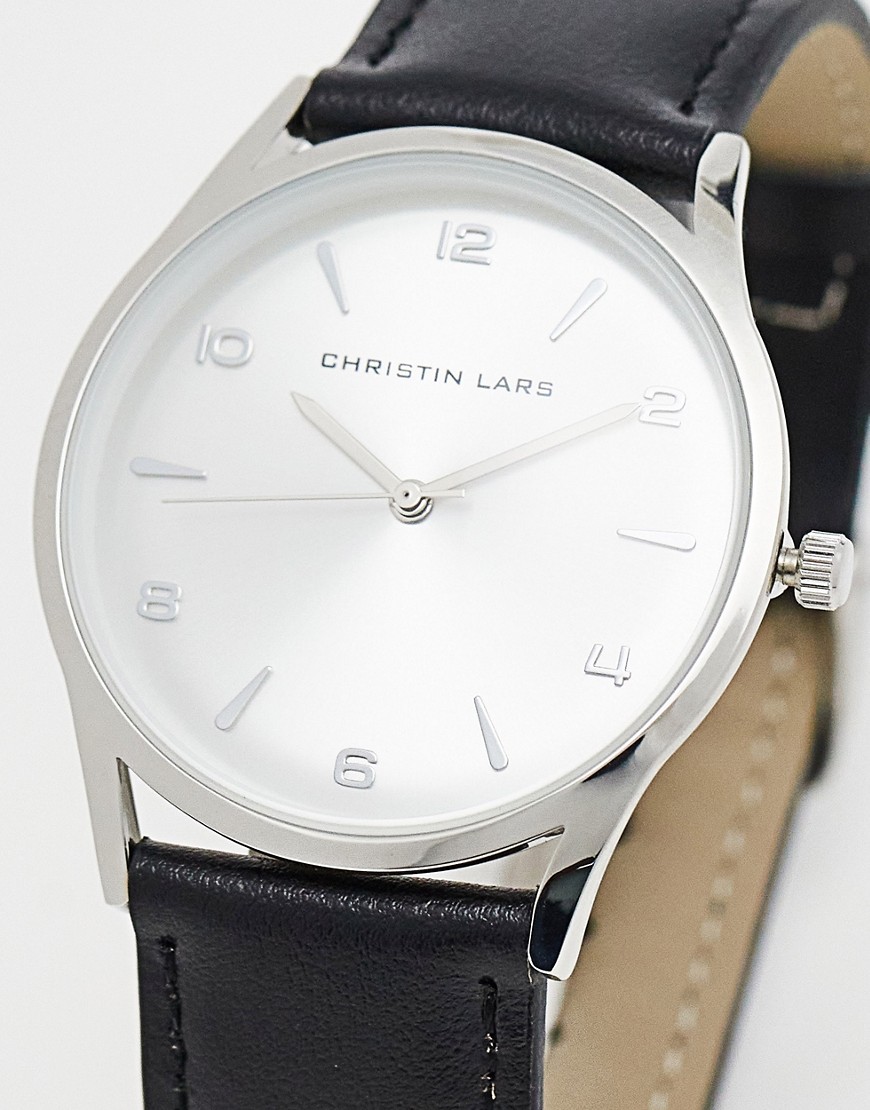 Christin Lars leather strap watch in black and silver