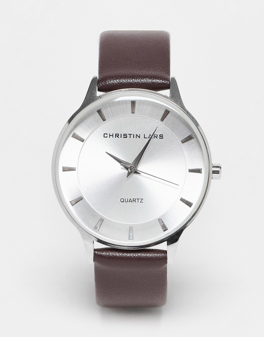 Christin Lars leather strap watch in brown and silver
