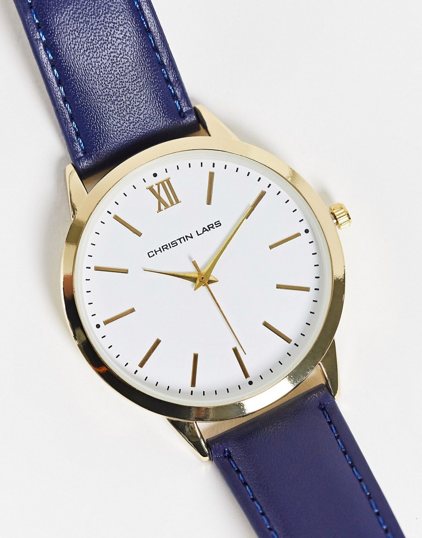 Christin Lars mens black strap watch and white dial-Gold