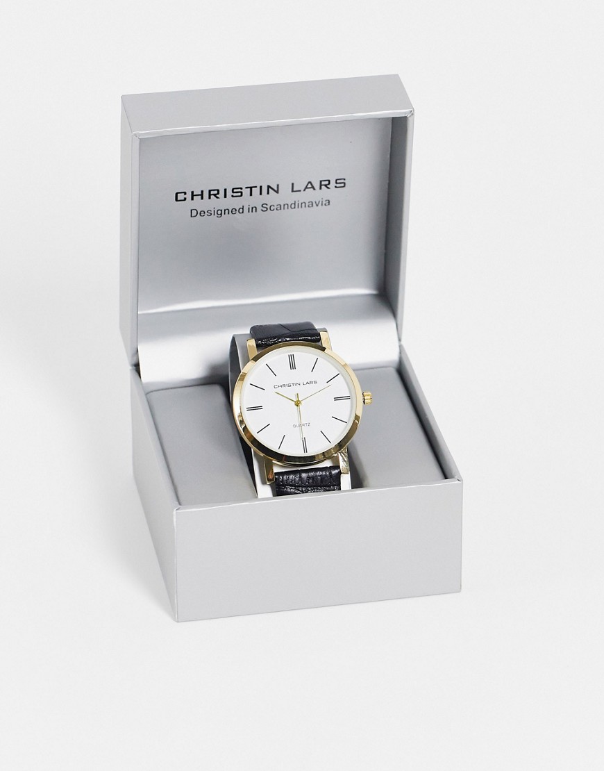Christin lars mens black strap watch with dial-Gold