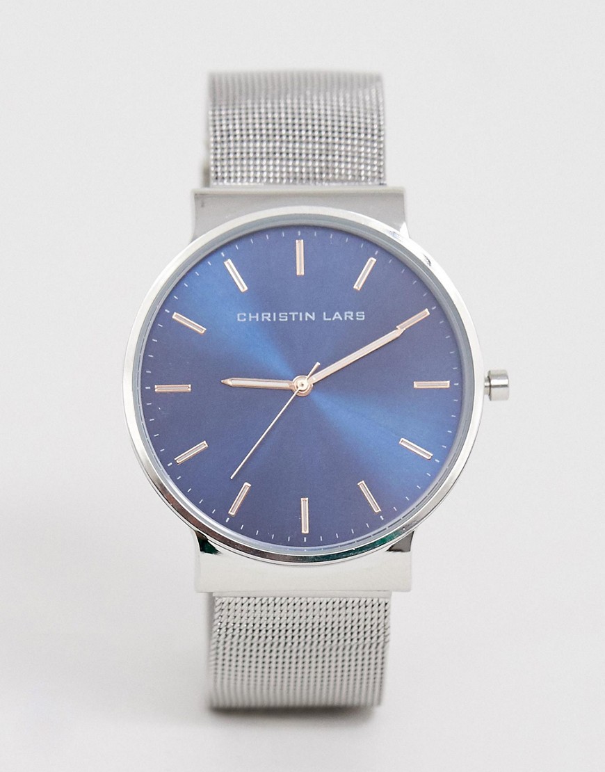 Christin Lars mens mesh watch with blue dial-Silver