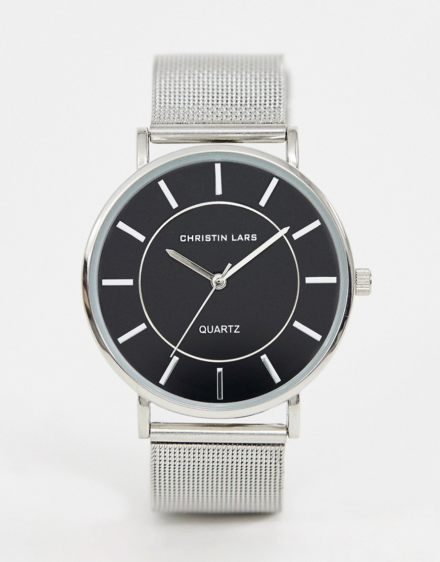 Christin Lars mens silver mesh watch with black dial