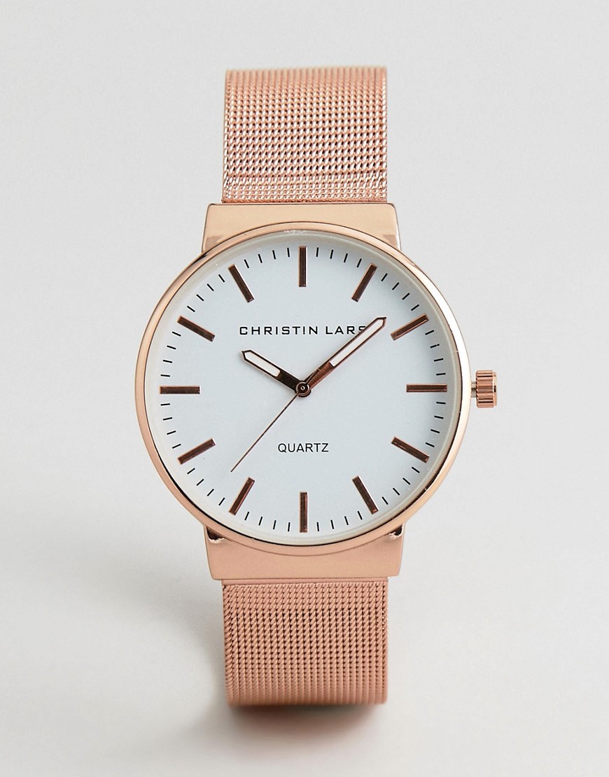 Christin Lars Mesh Strap Watch In Gold With White Dial