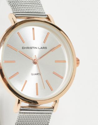 Christin Lars mesh strap watch in silver and rose gold