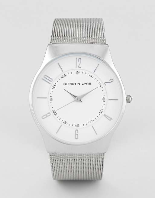 Christin Lars Mesh Strap Watch In Silver With White Dial ASOS