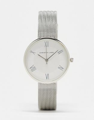 Christin Lars mesh strap watch with numeral dial in silver | ASOS