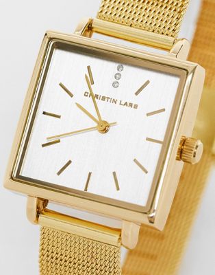 Christin Lars mesh strap watch with square face in gold