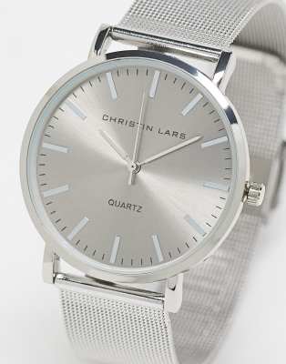 Christin Lars Minimal Mesh Strap Watch In Silver With Black Dial ModeSens