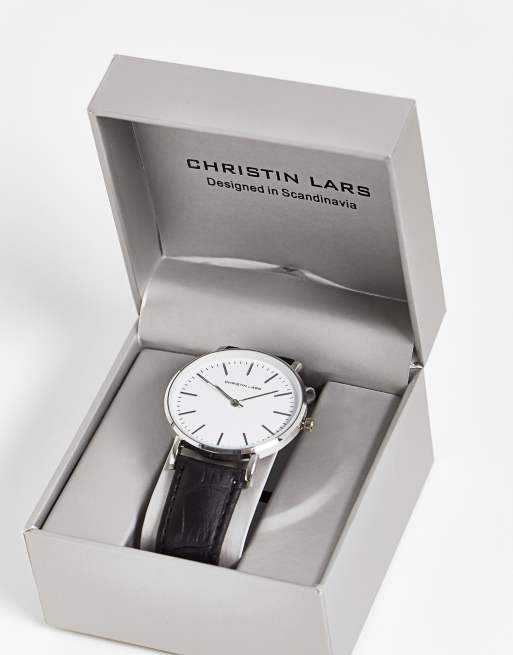 Christin Lars mock croc strap watch in black and silver, 3 of 4