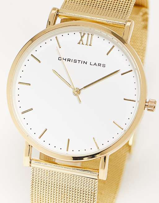 Christin Lars - Montre à bracelet en maille réglable avec cadran rond - Doré