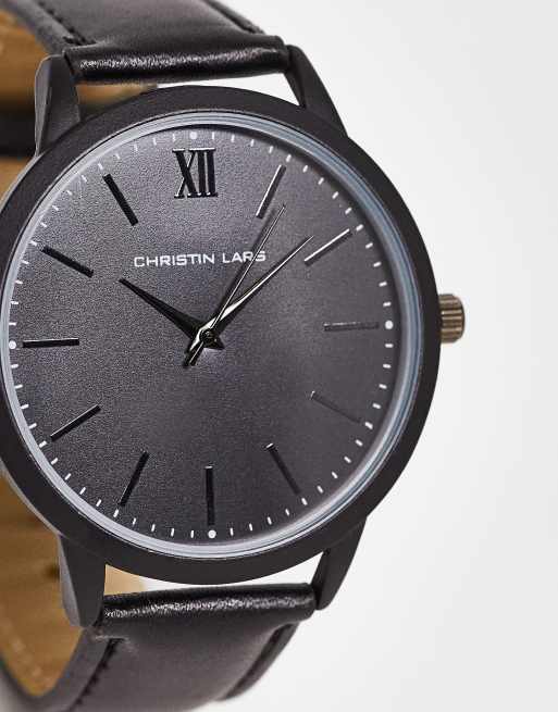 Christin Lars Montre bracelet en imitation cuir Noir ASOS