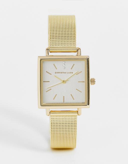 Christin Lars - Montre-bracelet en résille en acier inoxydable avec boîtier carré - Doré