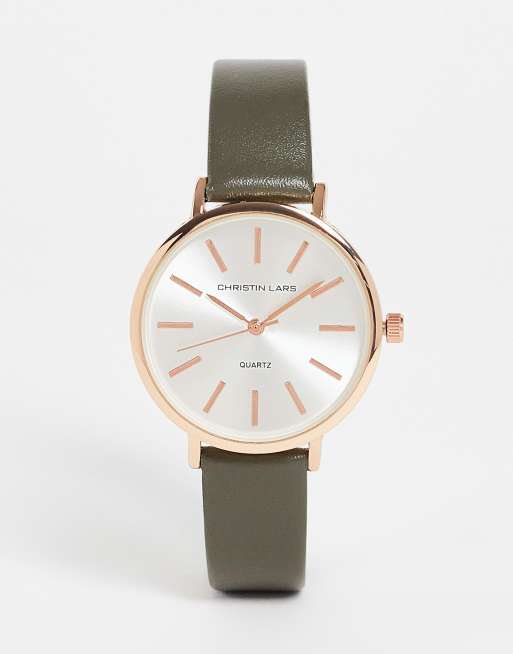 Christin Lars Montre femme avec bracelet en cuir Gris et or rose