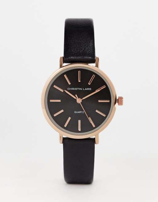 Christin Lars Montre femme avec bracelet en cuir Noir et or