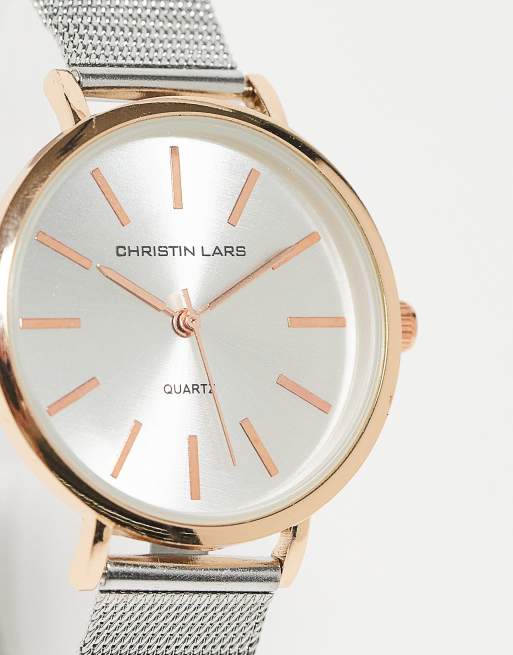 Christin Lars - Orologio con bracciale a rete metallica color argento e oro rosa