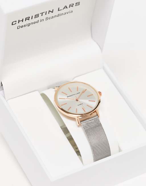 Christin Lars - Orologio con bracciale a rete metallica color argento e oro rosa, 2 di 4
