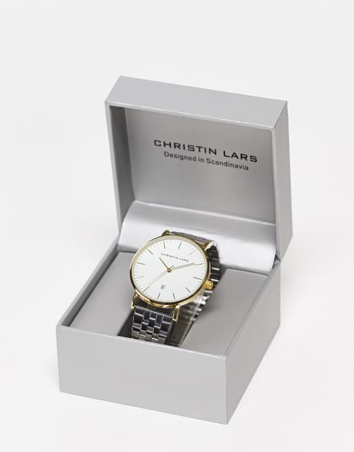 Christin Lars - Orologio con cinturino a maglie spesse color argento e oro