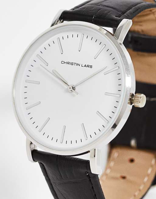 Christin Lars - Orologio con cinturino effetto coccodrillo nero e argentato
