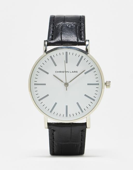 Christin Lars - Orologio con cinturino effetto coccodrillo nero e argentato
