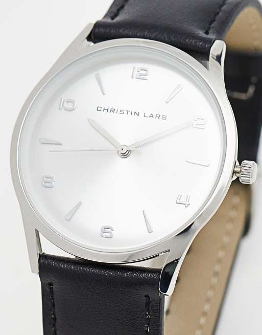 Christin Lars - Orologio con cinturino in pelle nero e argento