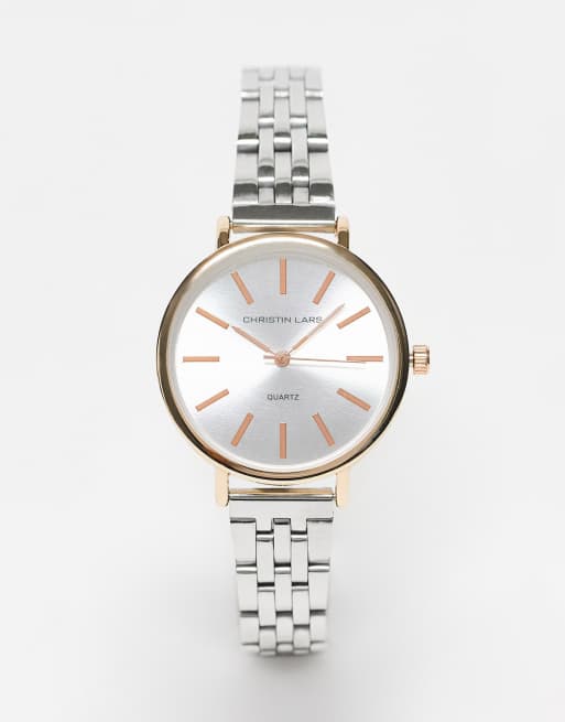 Christin Lars - Orologio con maglia spessa color argento e oro rosa