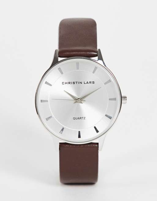 Christin Lars - Orologio da uomo con cinturino in pelle color cuoio