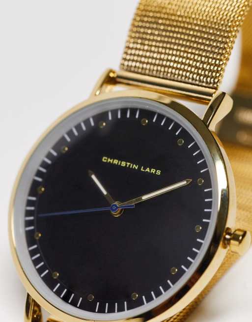 Christin Lars - Orologio dorato con cinturino a rete e quadrante nero, 3 di 4