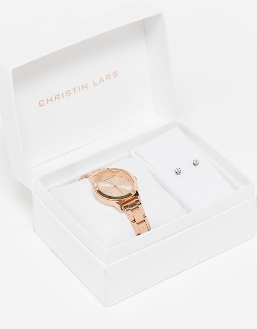 Christin Lars - Set regalo color oro rosa con orologio e orecchini