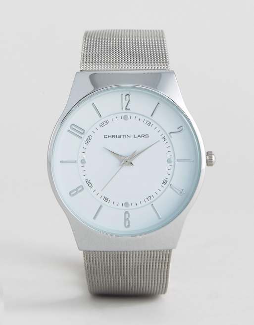 Christin Lars Silver Watch with Round White Dial ASOS