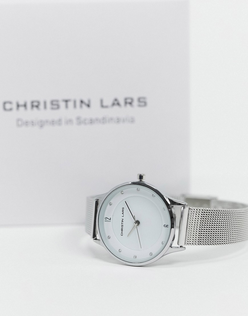 Christin Lars – Silverfärgad klocka i slimline med vit urtavla
