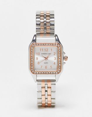 Christin Lars slim link strap watch with sqaure face in silver and gold