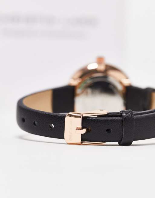 Christin Lars slimline faux leather strap watch in black, 2 of 4