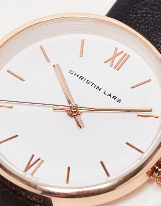 Christin Lars slimline faux leather strap watch in black, 3 of 4