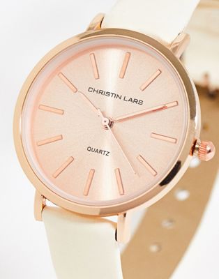 Christin Lars slimline leather strap watch in white and rose gold