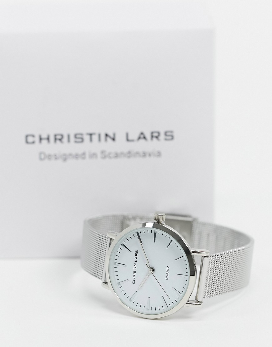 Christin Lars - Sølv slim armbåndsur med hvid skive