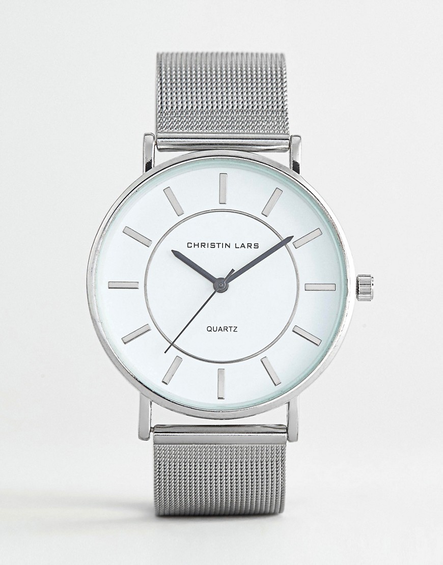 Christin Lars - Sølvfarvet armbåndsur med rund, hvid skive