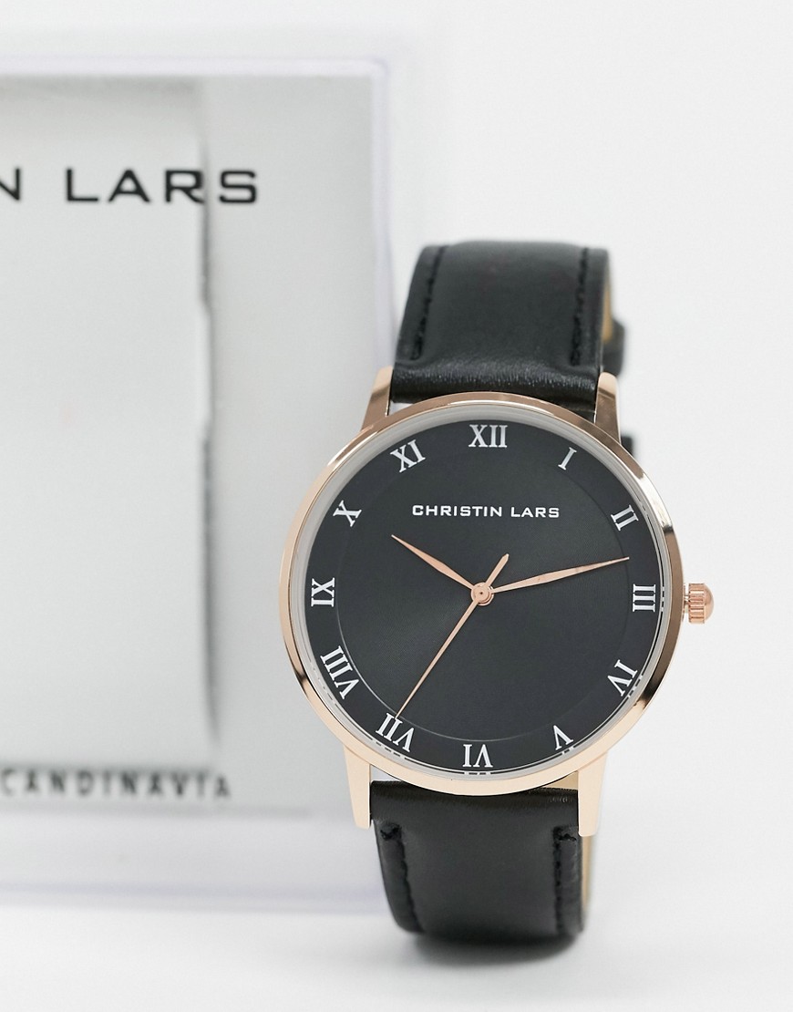 Christin Lars - Sort armbåndsur i læder med rosenguld skive