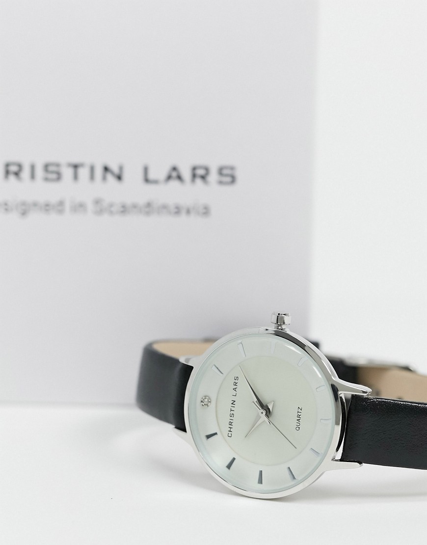 Christin Lars - Sort armbåndsur i læder med sølv skive