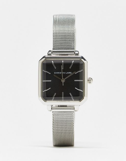 Christin Lars sqaure face mesh strap watch in silver with black dial | ASOS