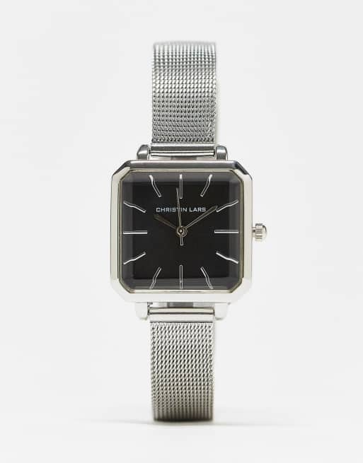 Christin Lars sqaure face mesh strap watch in silver with black dial | ASOS