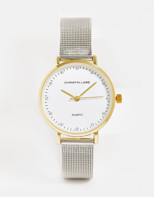Christin Lars stainless steel mesh strap bracelet watch in silver and