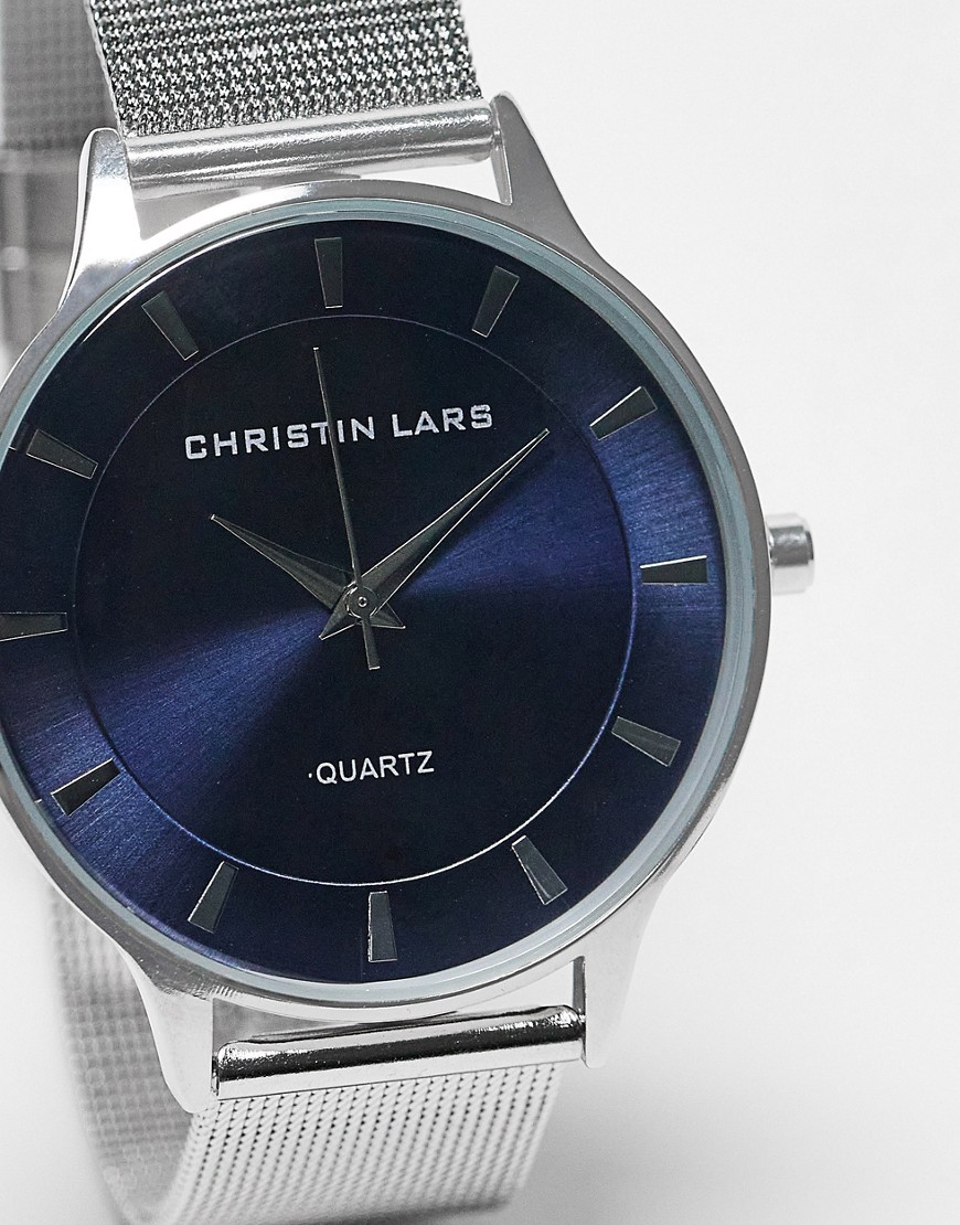 Christin Lars stainless steel mesh strap bracelet watch in silver with blue face