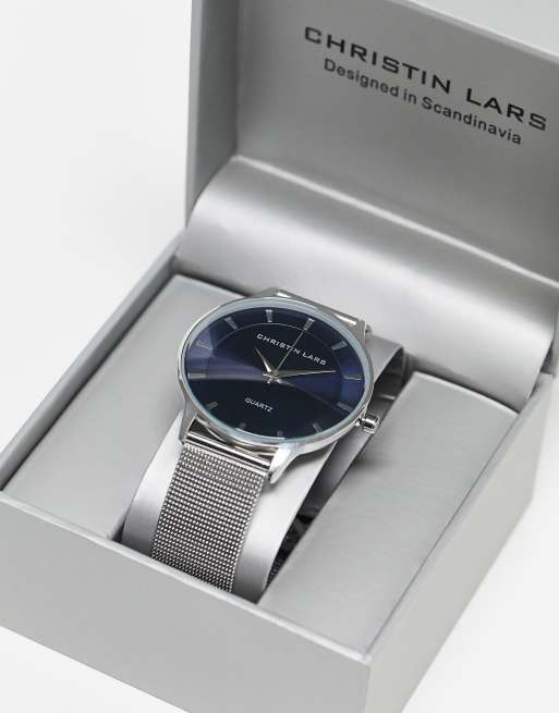 Christin Lars stainless steel mesh strap bracelet watch in silver with blue face, 4 of 4