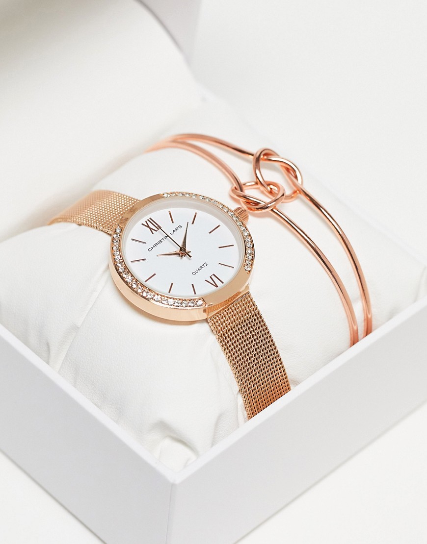 Christin Lars watch and bracelet gift set in gold