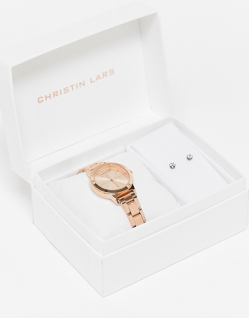 Christin Lars watch and earring gift set in rose gold