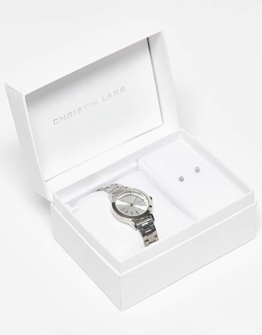 Christin Lars watch and earring gift set in silver