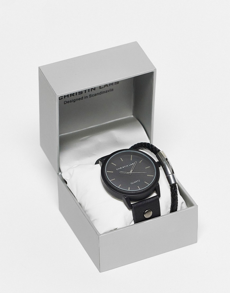 Christin Lars watch and leather bracelet gift set in black-Silver