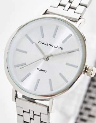 Christin Lars – Womens – Robuste, silberfarbene Armbanduhr für Damen mit dickem Gliederband