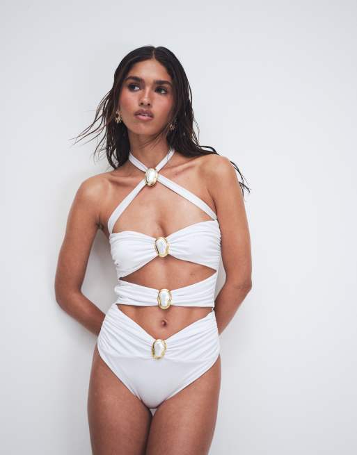 Cin Cin Diamond Moonstone cut out swimsuit in pearl, 2 of 4