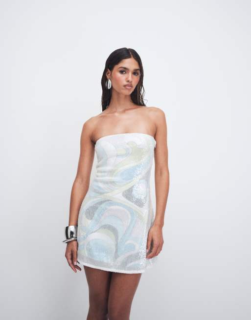 Cin Cin Opal sequin bandeau mini dress in frost, 4 of 4
